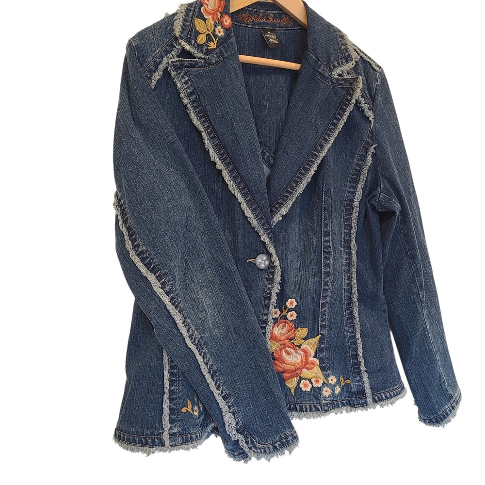 Kikit Jeans Womens XL Y2K Denim Blazer Floral Embroidered Frayed Western Jacket - Picture 3 of 6
